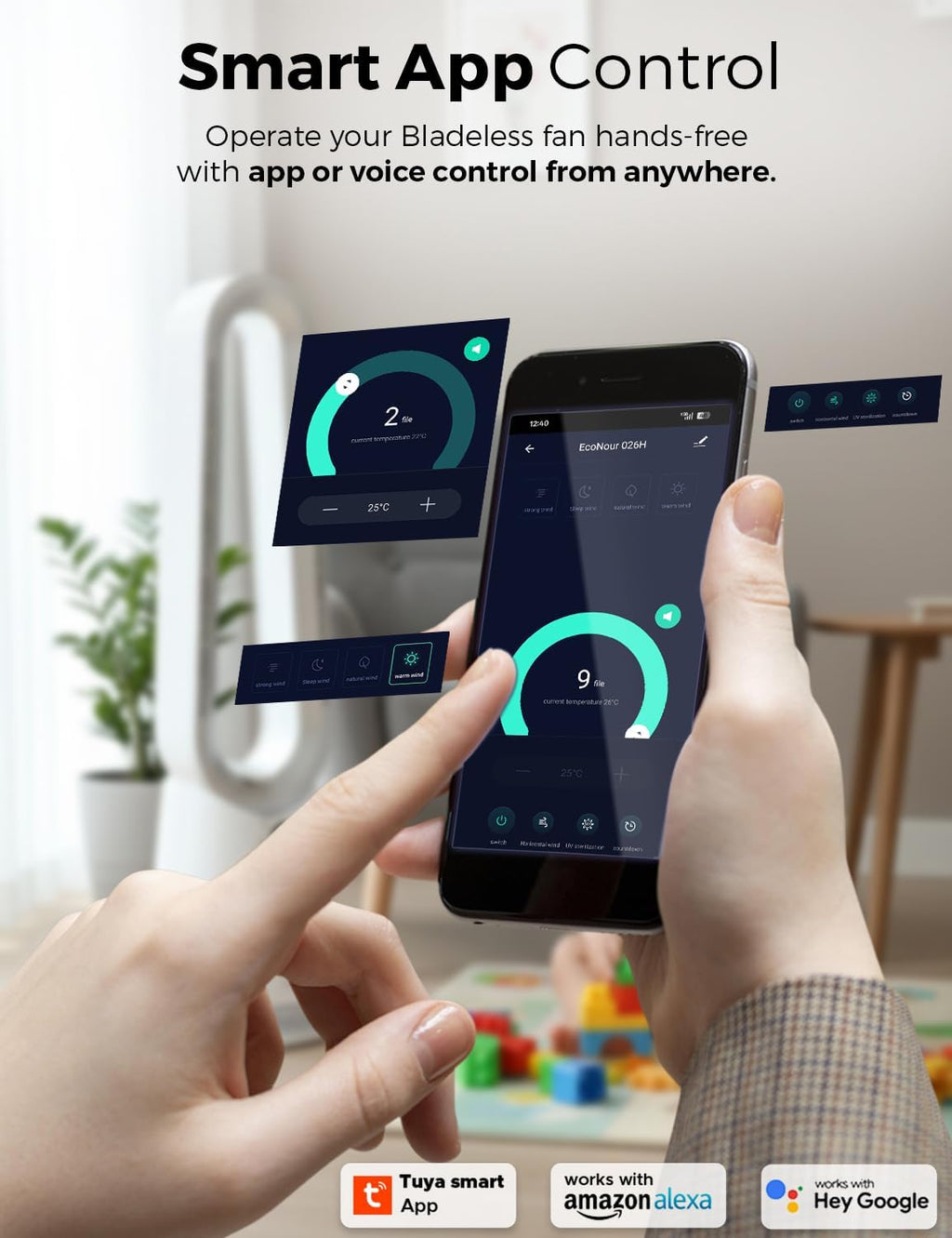 Bladeless Tower Fan Heater Cooler 2 in 1 Remote Alexa Smart Control EcoNour Home
