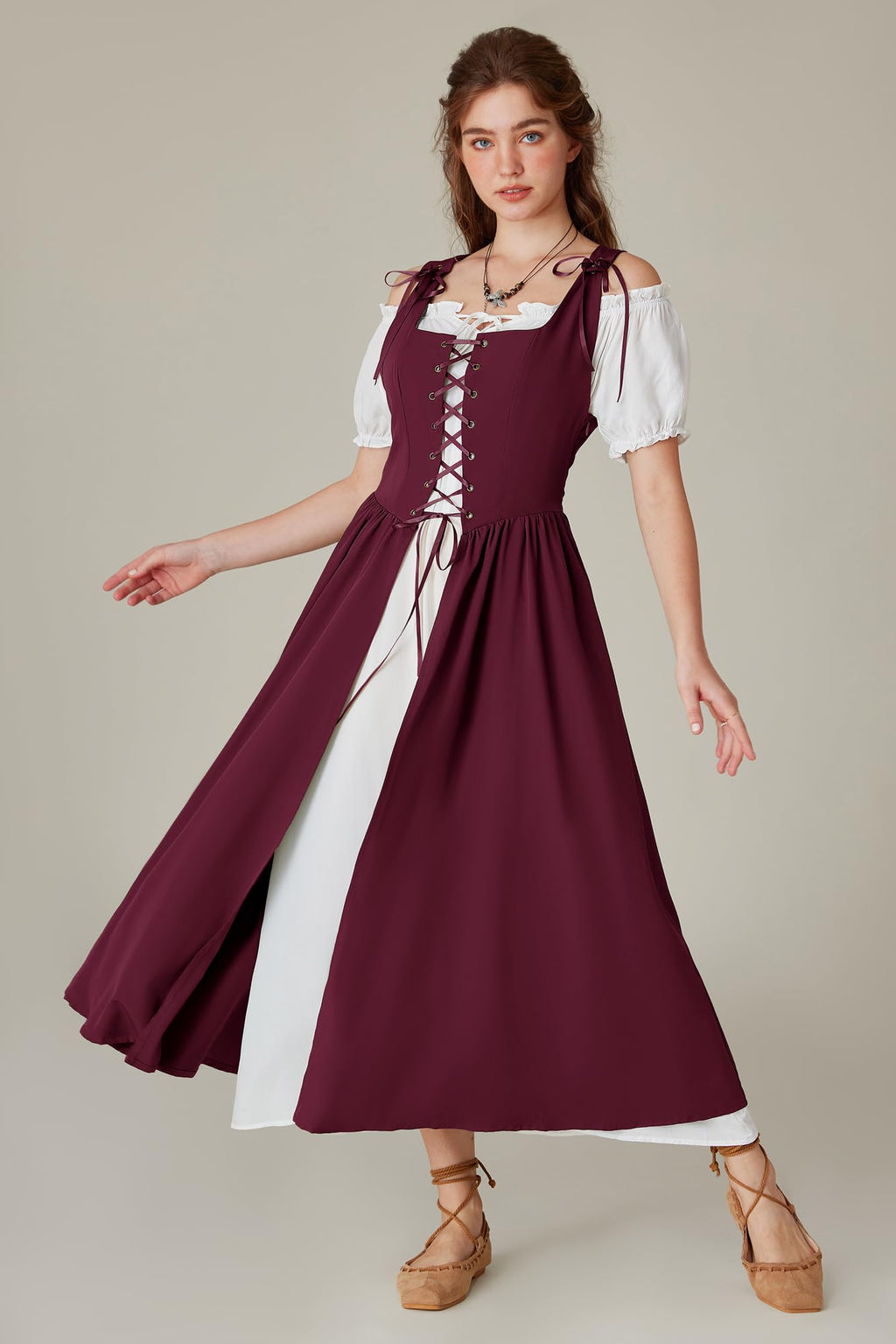 SCARLET DARKNESS Women 2Pcs Renaissance Maxi Dresses Off Shoulder Short Sleeve Lace-up Irish Costume with Over Dress