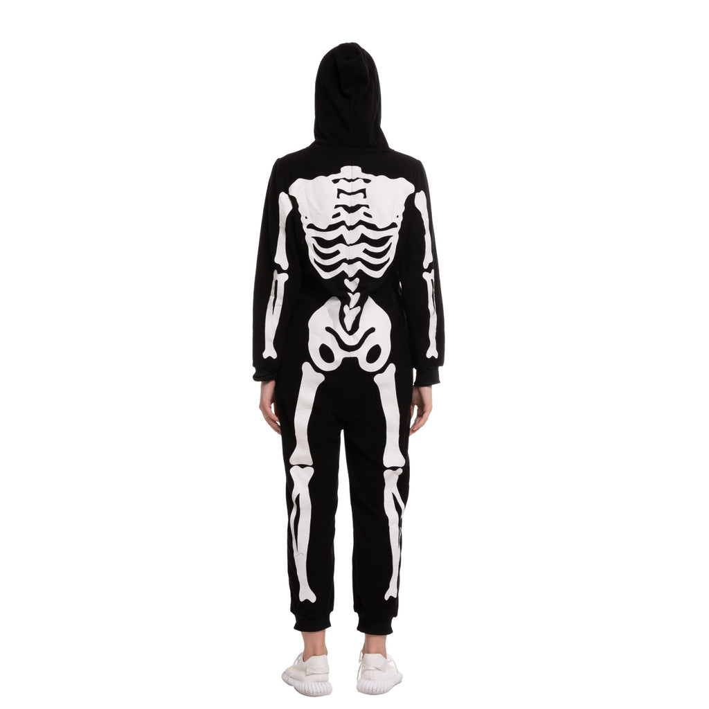 Spooktacular Creations Unisex Skeleton Jumpsuit - Plush Skeleton Zippered Halloween Hoody for Adult Sleepwear Costume