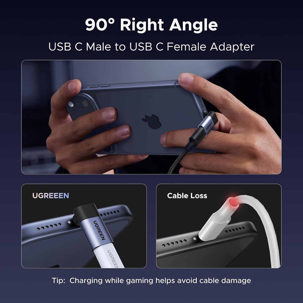 UGREEN 90 Degree Right Angle USB C Adapter 3 Pack for iPhone, MacBook, iPad