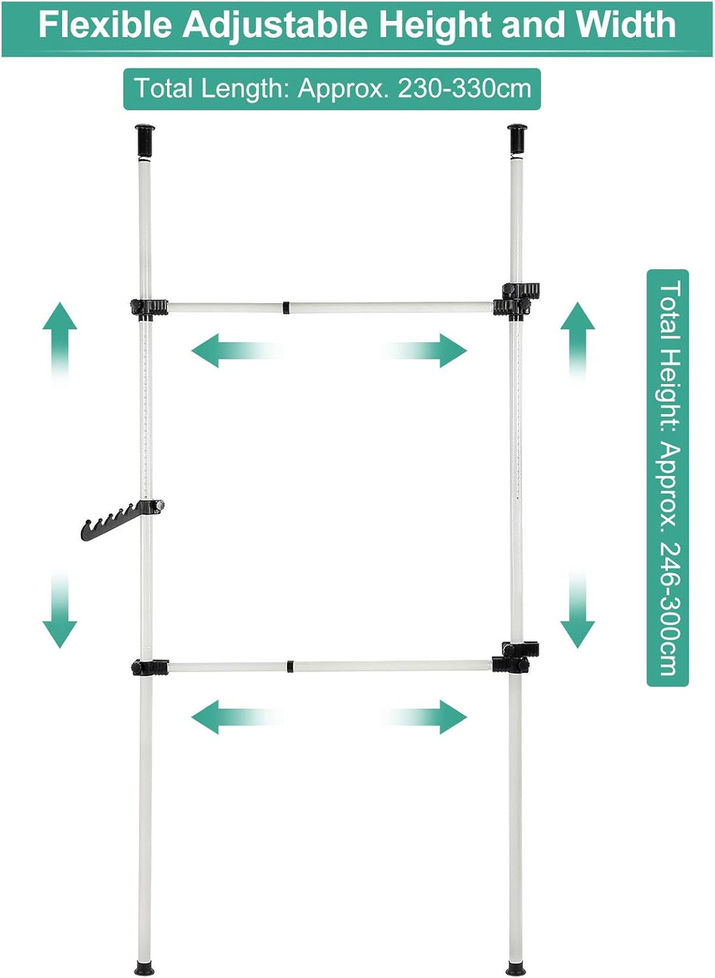 Telescopic Clothes Rack Adjustable Hanging Rail with Hooks 8-10.8ft Cocoarm