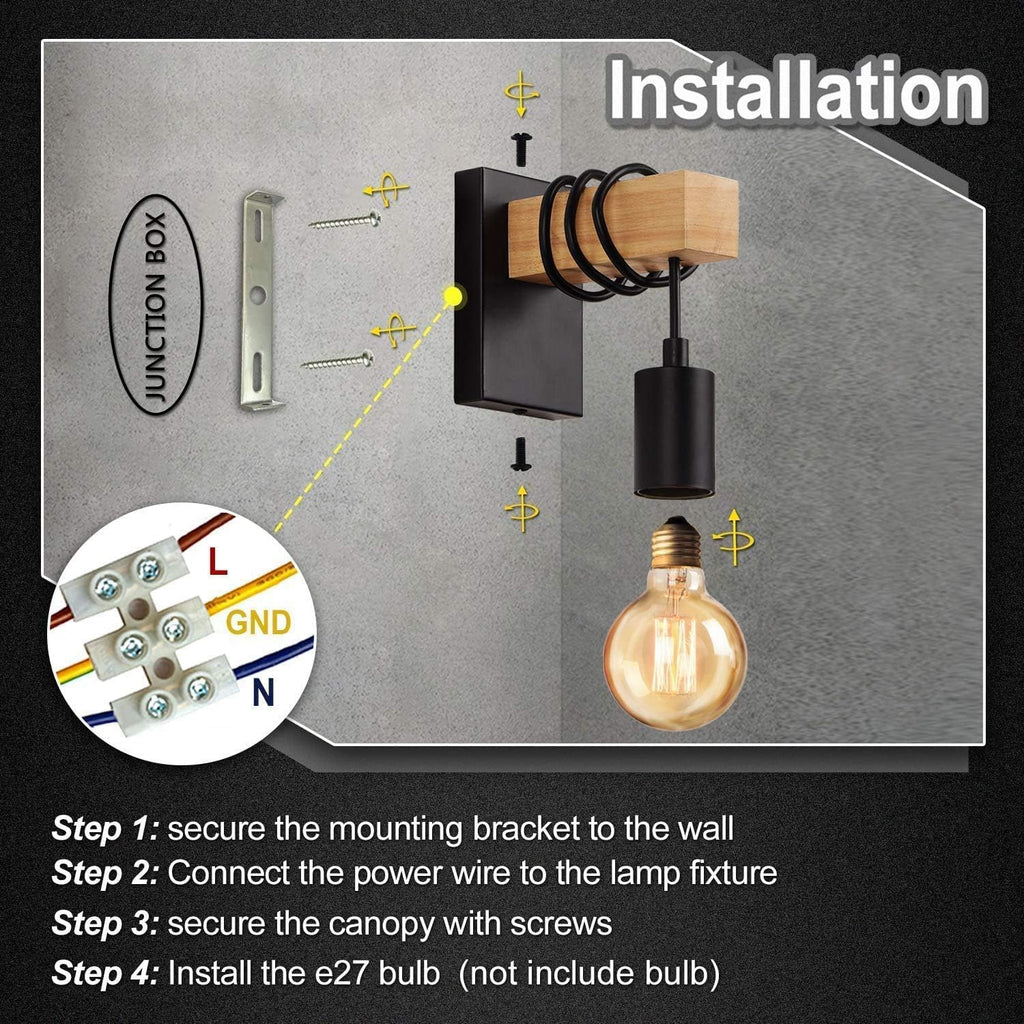Wooden Wall Light 2 Pack Vintage Industrial E27 Rustic Sconce Black Lightess