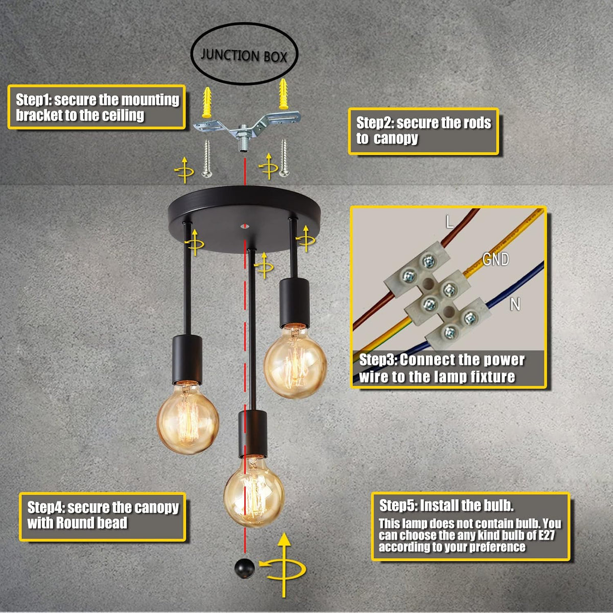 Ceiling Spotlight 3 Way Black Rustic E27 Pendant Light Indoor Lightsjoy
