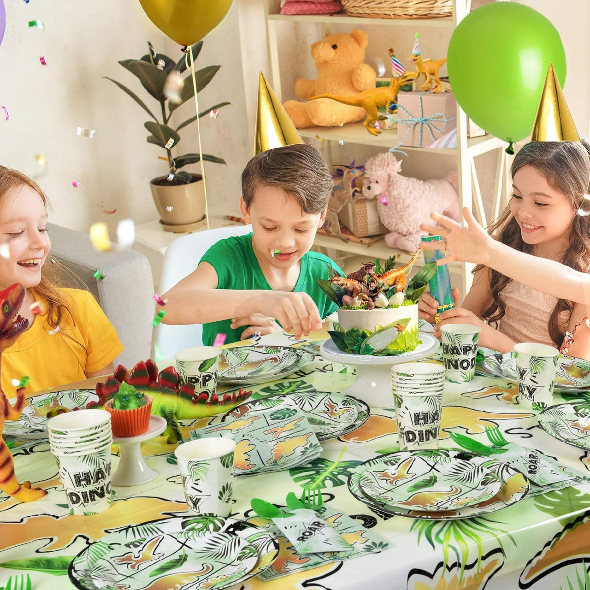 Dinosaur Party Tableware Set Kids 16 Guests 64pcs Gold Birthday Decor WERNNSAI