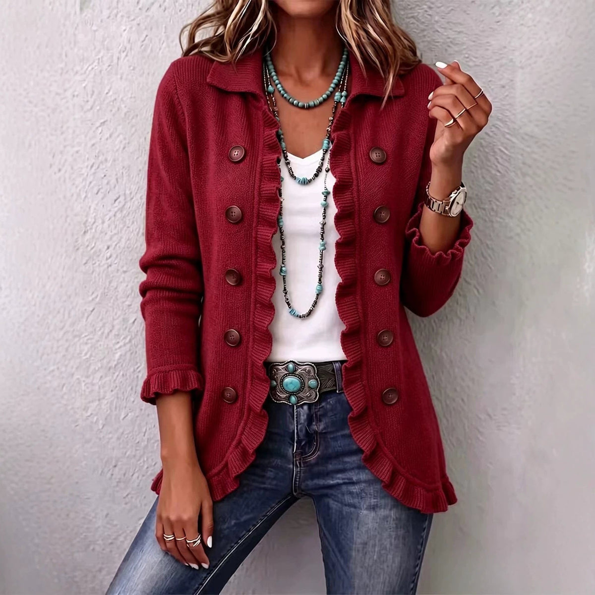 Women's Ruffle Knit Cardigan - Button-Front Long-Sleeve Sweater Jacket for Spring and Autumn
