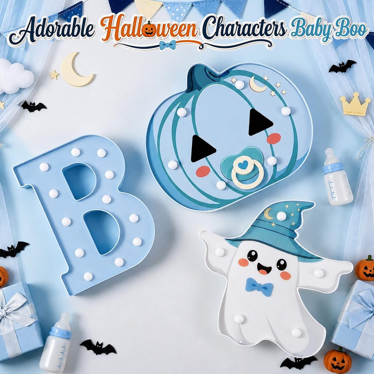 3 Pack 6.5 In Halloween Cute BOO Pumpkin Ghost Light up Letters Sign