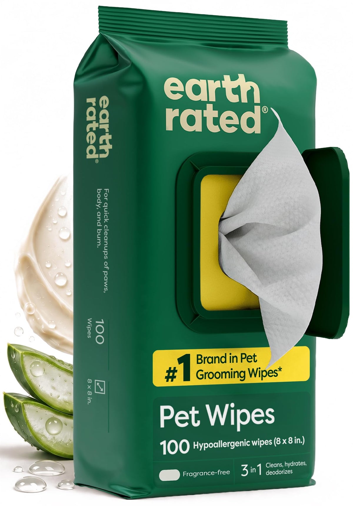 Earth Rated Dog Wipes, Hypoallergenic, Cleaning and Hydrating, for Grooming Paws, Body and Bums, Lavender Scented, 100 Count