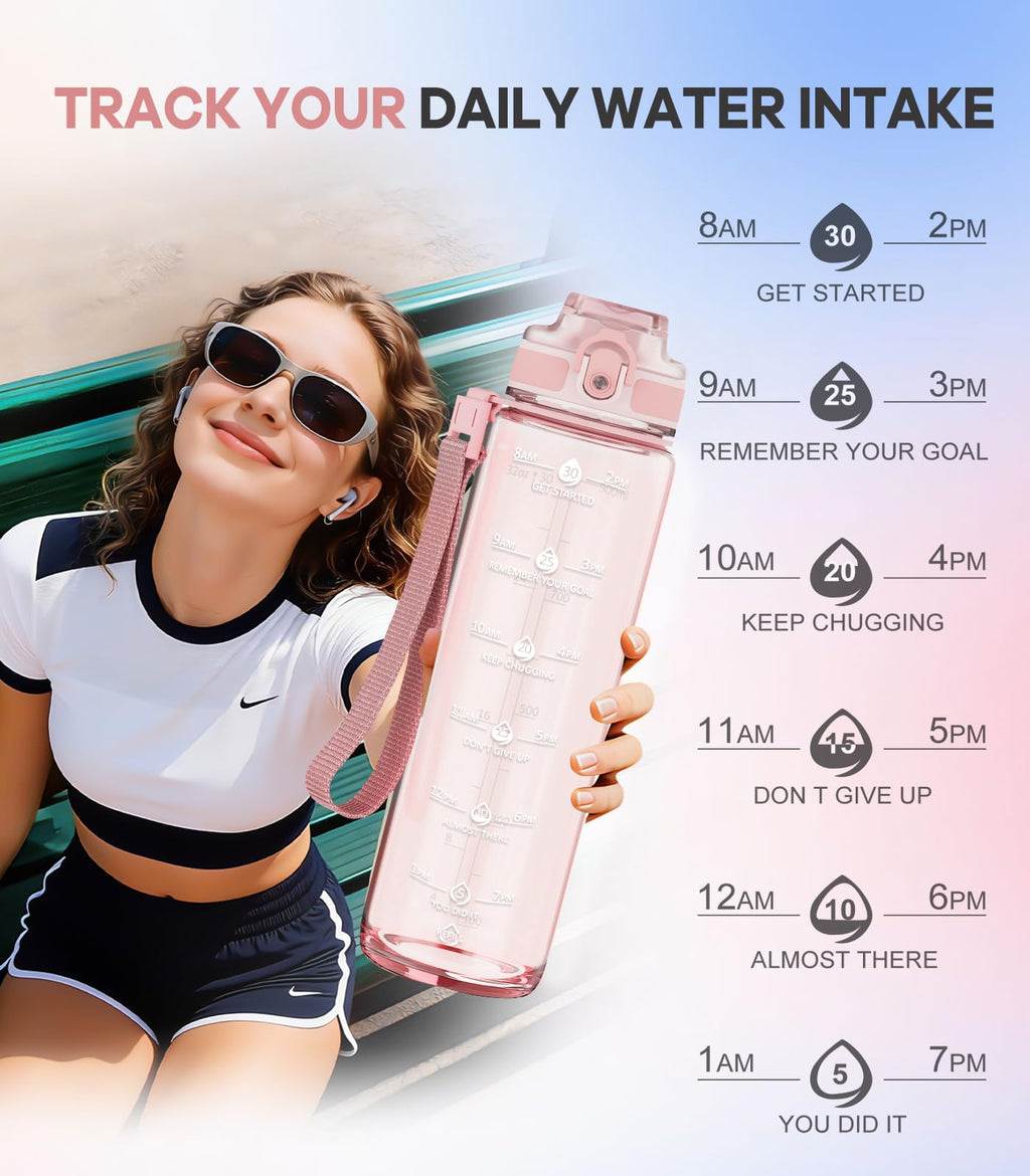 1L Water Bottle Made of BPA-Free Tritan Material, Sports Water Bottle with Removable Straw & Hydration Time Markerings, Ideal for Gym, Travel, Home, School and Outdoor Activities - Dusty-Blue