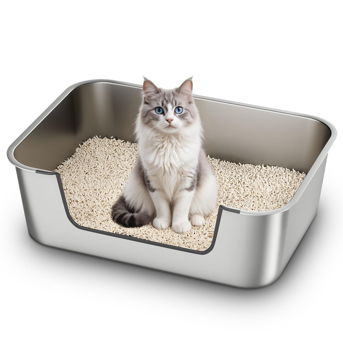 Stainless Steel Cat Litter Tray with Low Entry, Metal Cat Litter Box for Senior or Injured Cats, XXL Large Cats Toilet for Small Large Pets, Odour-Free, Non-Stick, Easy to Clean, 17.5"L×13.6"W×5.9"H