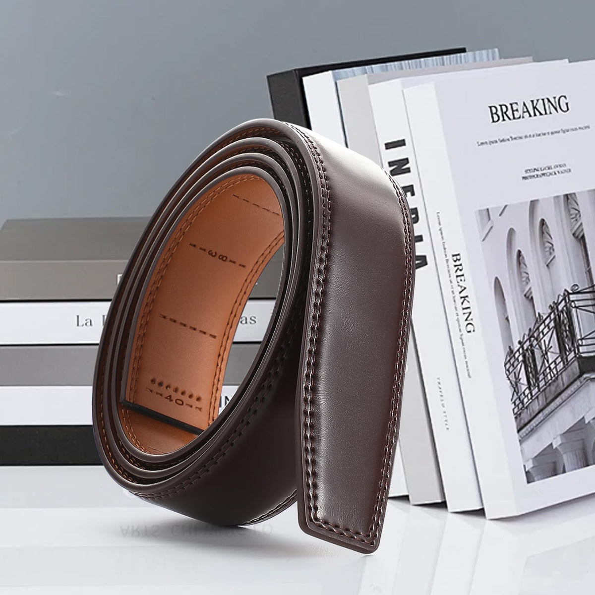 Men's Adjustable Leather Belt Strap & Zinc Alloy Automatic Ratchet Buckle, Customizable for Business Casual & Formal Wear