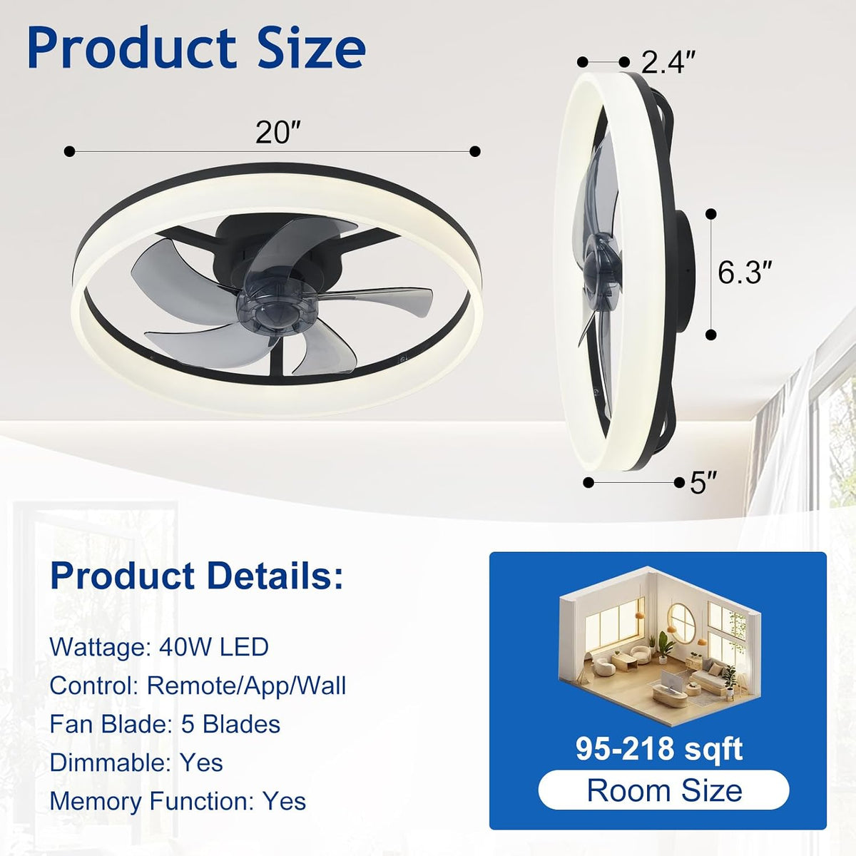 Ceiling Fan with Light 20 Inch LED Dimmable App Remote Black Depuley Bladeless