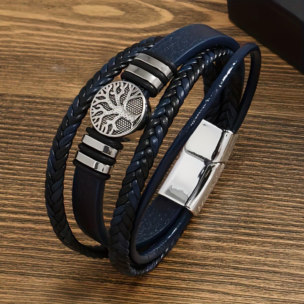 Braided Leather Bracelet with Tree of Life Charm, Adjustable Spiritual Jewelry for Men and Women, Symbolic Boho Gift