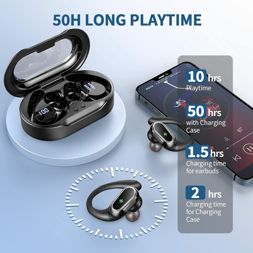 Earbuds Wireless Sport Bluetooth 5.4 Headphones Mic 50H Playtime Earhooks