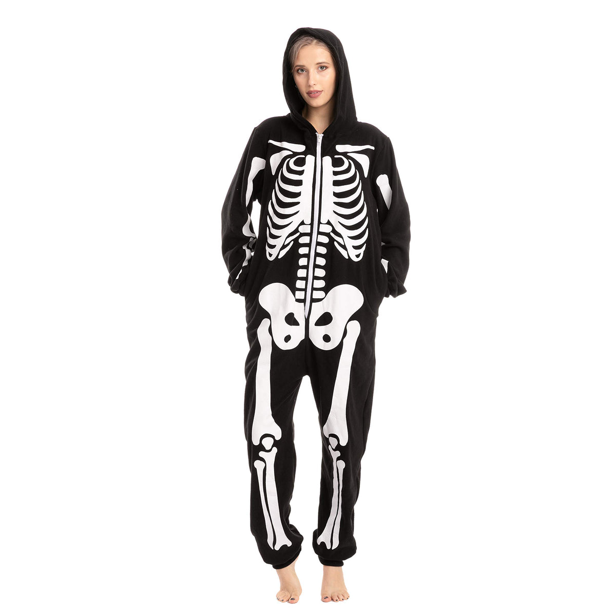 Spooktacular Creations Unisex Skeleton Jumpsuit - Plush Skeleton Zippered Halloween Hoody for Adult Sleepwear Costume