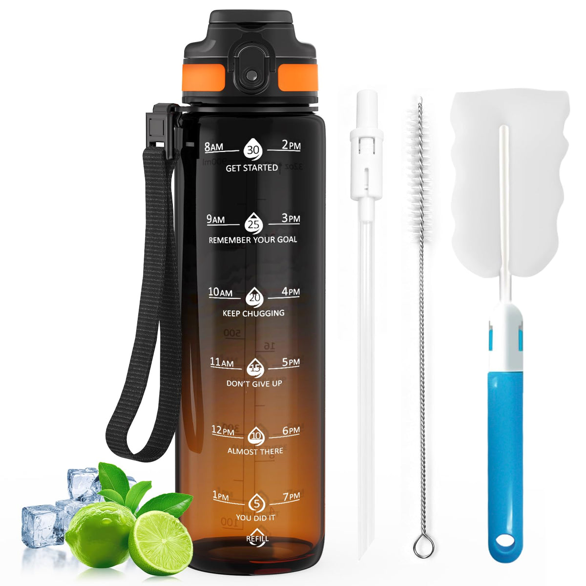1L Water Bottle Made of BPA-Free Tritan Material, Sports Water Bottle with Removable Straw & Hydration Time Markerings, Ideal for Gym, Travel, Home, School and Outdoor Activities - Dusty-Blue