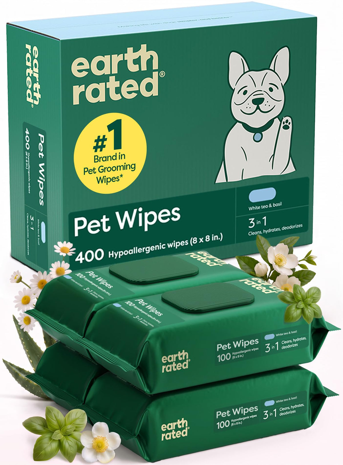 Earth Rated Dog Wipes, Hypoallergenic, Cleaning and Hydrating, for Grooming Paws, Body and Bums, Lavender Scented, 100 Count