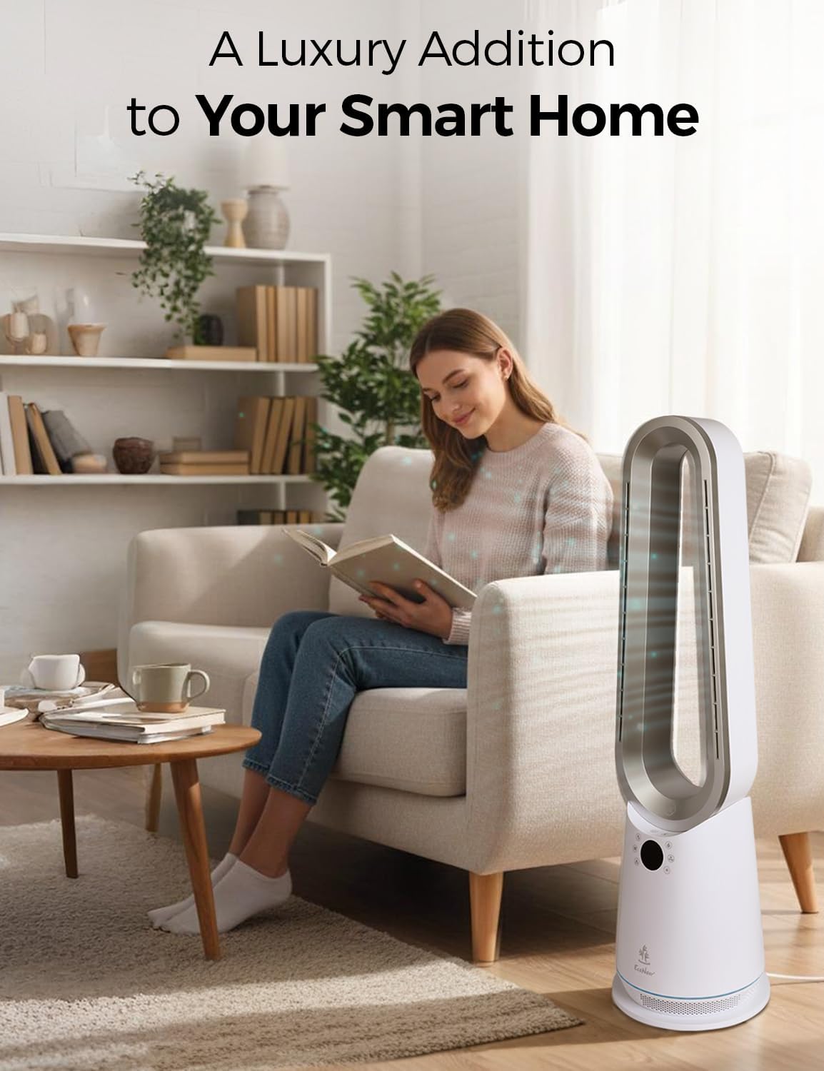 Bladeless Tower Fan Heater Cooler 2 in 1 Remote Alexa Smart Control EcoNour Home