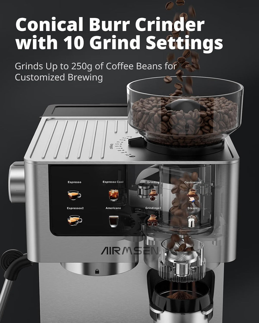 Bean to Cup Coffee Machine 20 Bar Automatic Espresso Maker AIRMSEN Home Barista