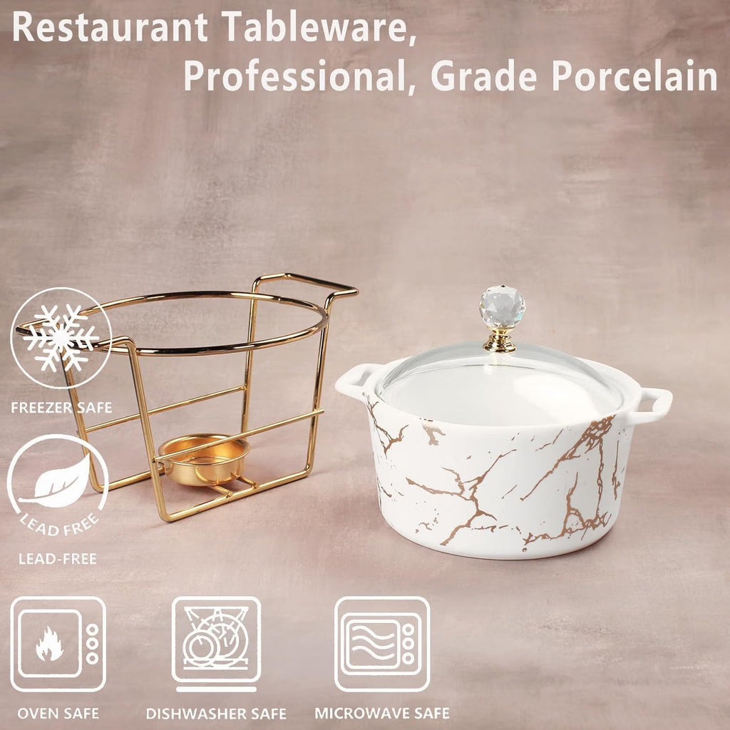 Porcelain Serving Tureen 2500ml Casserole Dish Glass Lid Rack Buffet Chafing Set