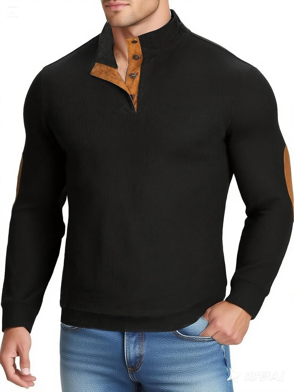 Retro Colorblock Knitted Ribbed Sweater, Neutral Tones,Men's Casual Warm Stand Collar Pullover Sweater for Fall Winter,Blue