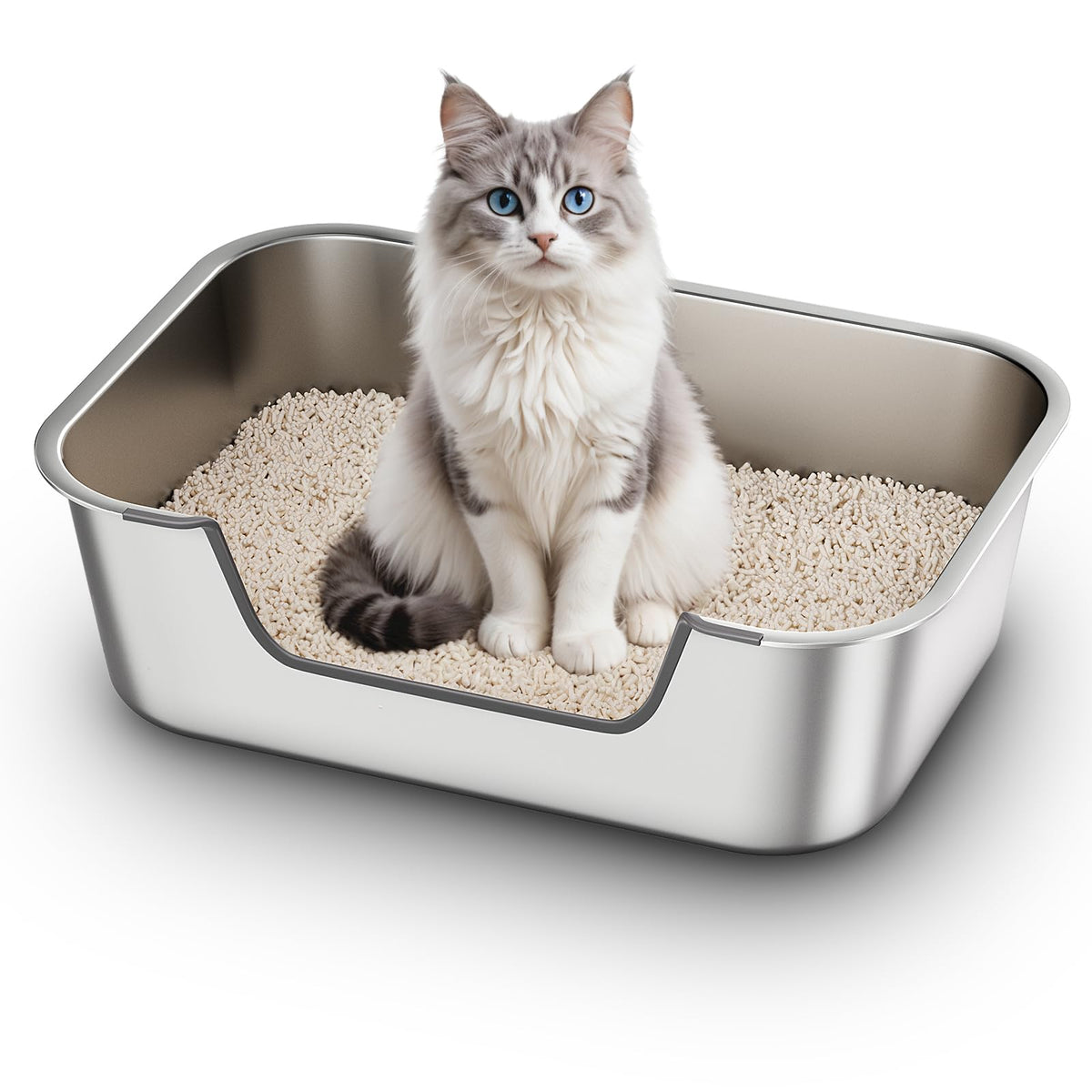 Stainless Steel Cat Litter Tray with Low Entry, Metal Cat Litter Box for Senior or Injured Cats, XXL Large Cats Toilet for Small Large Pets, Odour-Free, Non-Stick, Easy to Clean, 17.5"L×13.6"W×5.9"H