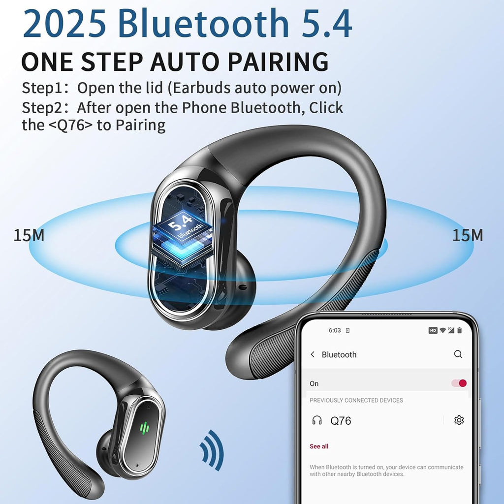 Earbuds Wireless Sport Bluetooth 5.4 Headphones Mic 50H Playtime Earhooks