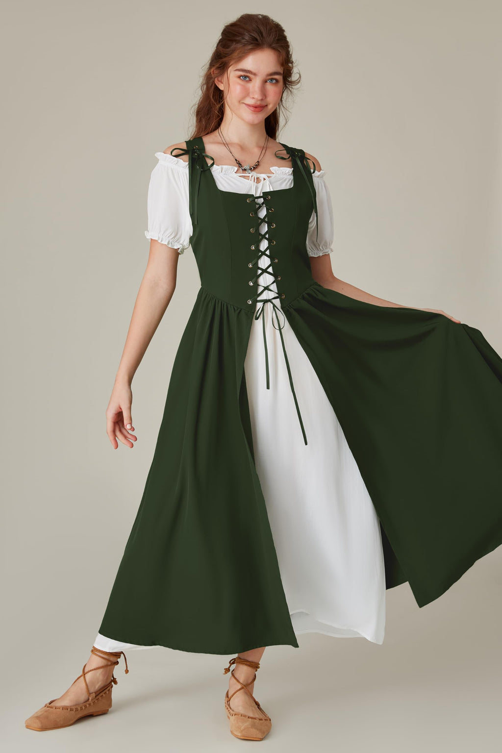 SCARLET DARKNESS Women 2Pcs Renaissance Maxi Dresses Off Shoulder Short Sleeve Lace-up Irish Costume with Over Dress