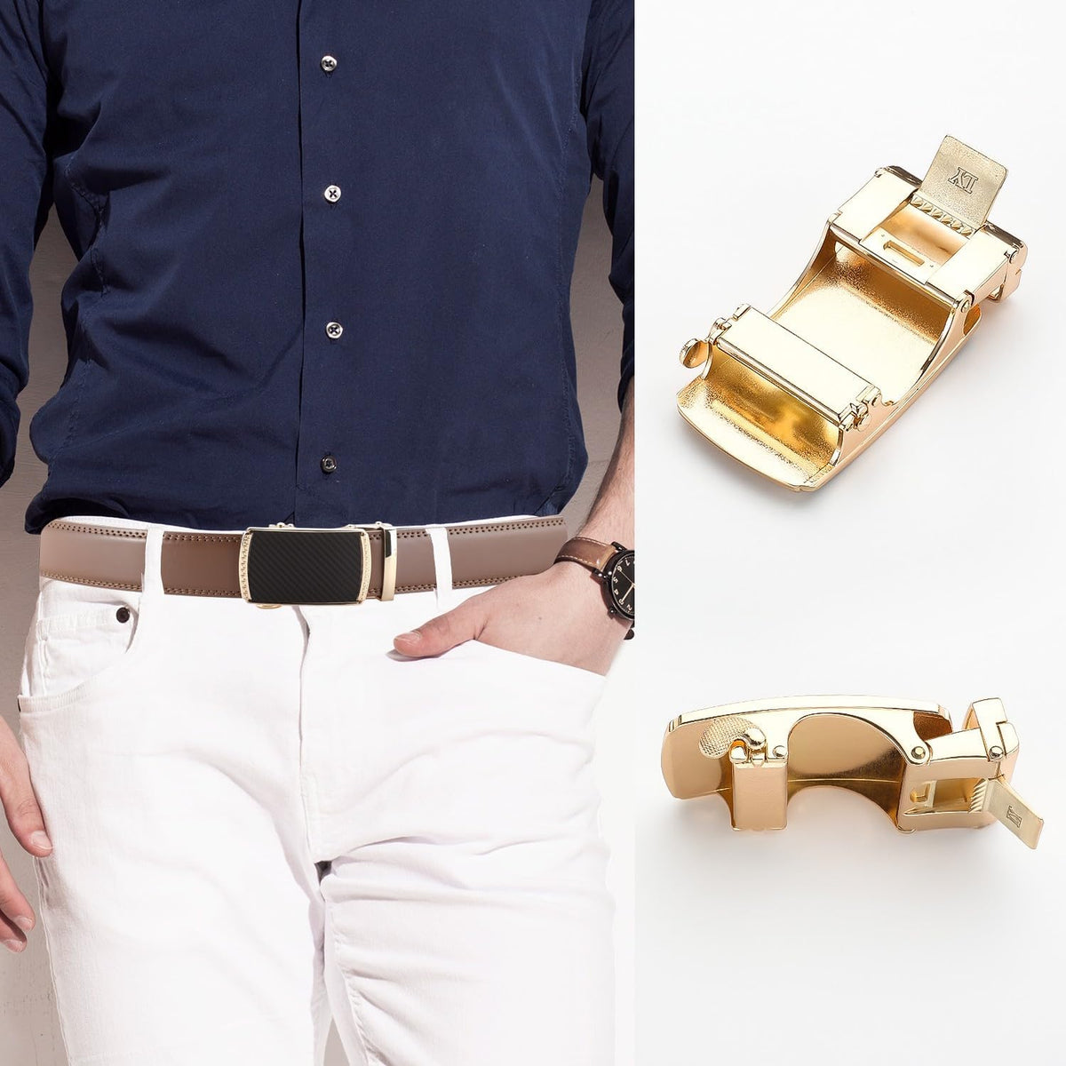 Men's Adjustable Leather Belt Strap & Zinc Alloy Automatic Ratchet Buckle, Customizable for Business Casual & Formal Wear