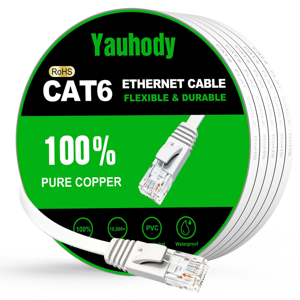 Yauhody CAT 6 Ethernet Cable 10m, Pure Copper High Speed Solid Flat CAT6