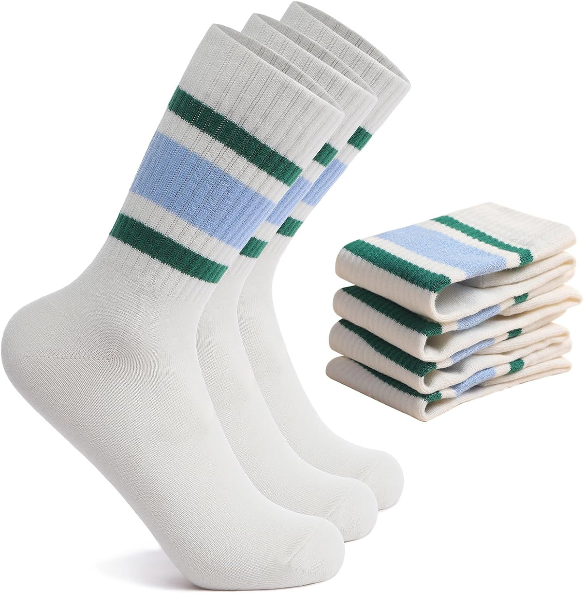 2-Pack Striped Cotton Crew Socks, Comfortable and Breathable Socks for Men and Women, Fashionable Casual and Athletic Socks