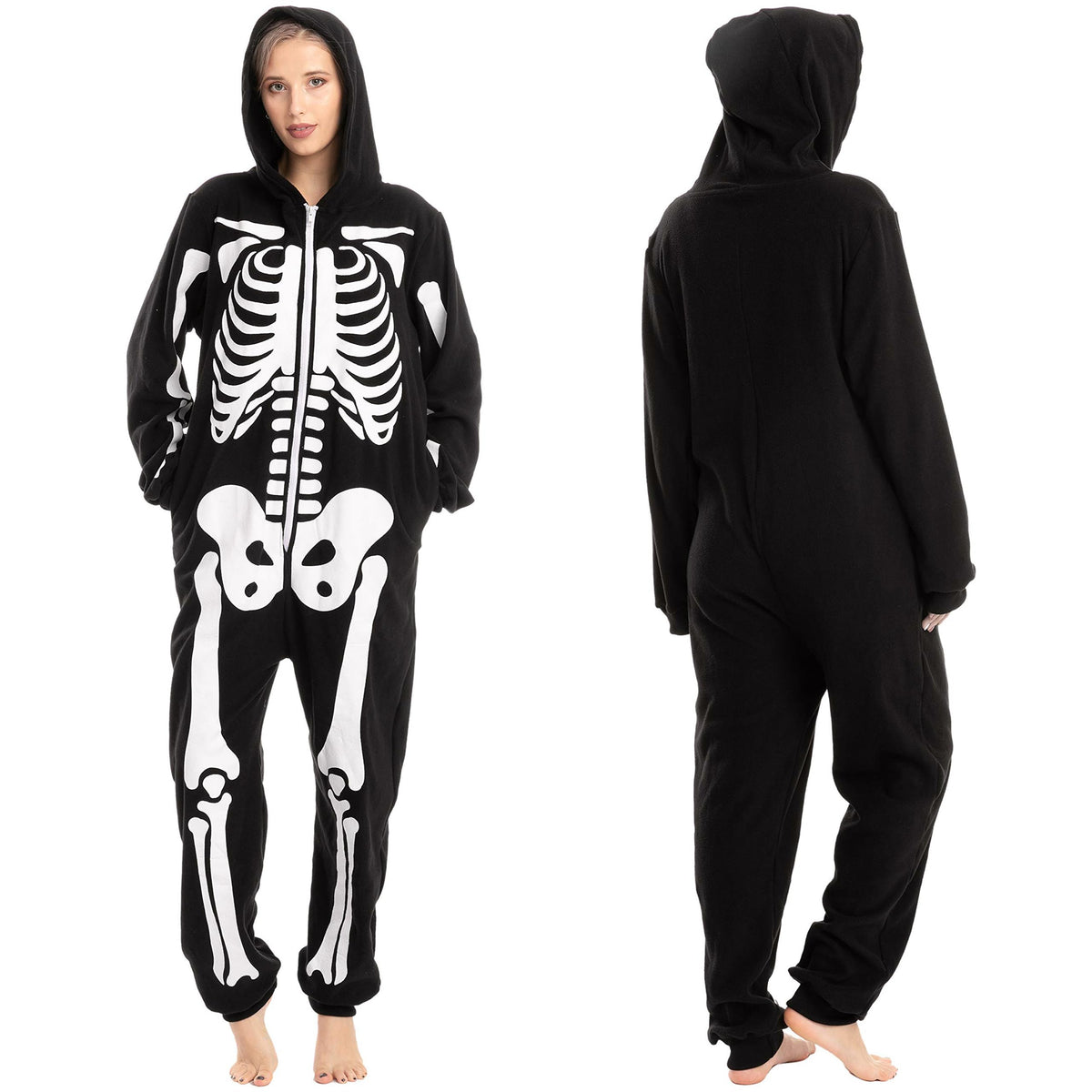 Spooktacular Creations Unisex Skeleton Jumpsuit - Plush Skeleton Zippered Halloween Hoody for Adult Sleepwear Costume