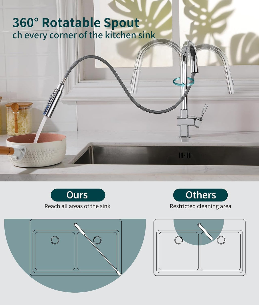 Kitchen Mixer Tap Pull Out Sprayer 2 Modes 360 Swivel Stainless Steel Chrome Sink