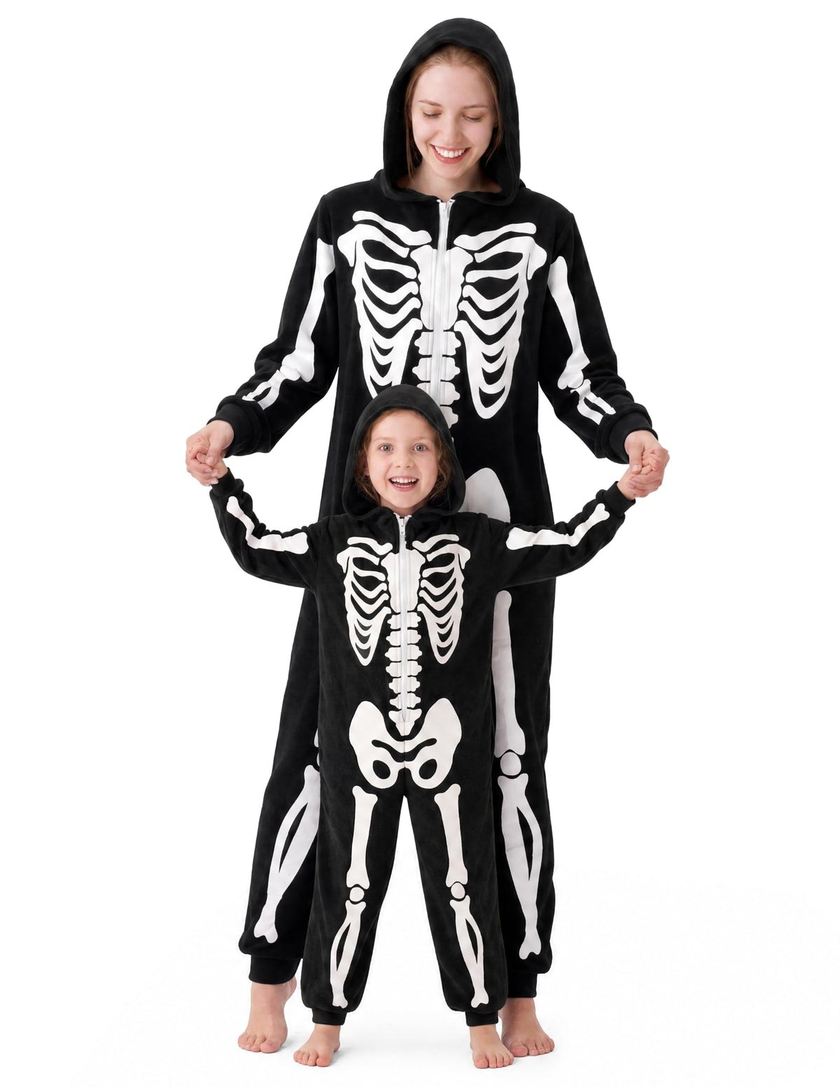 Spooktacular Creations Unisex Skeleton Jumpsuit - Plush Skeleton Zippered Halloween Hoody for Adult Sleepwear Costume