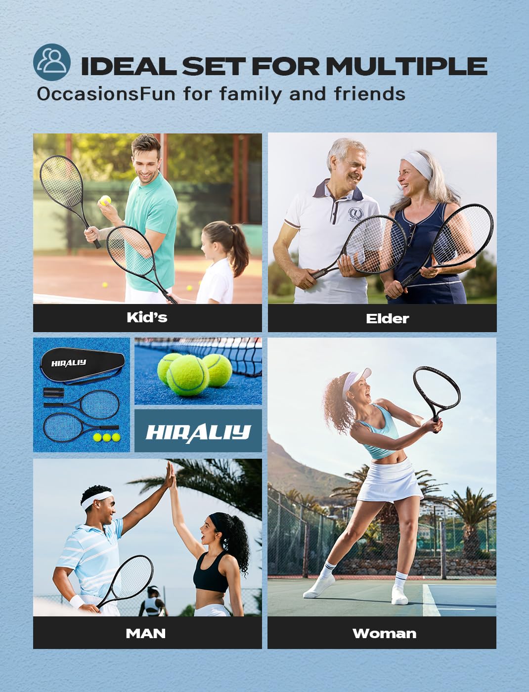 HIRALIY 27" Tennis Rackets Set of 2, 3 Tennis Balls, 2 Tennis Racquets, 2 Overgrip Tapes and 1 Carrying Bag Outdoor Recreational Sport Game