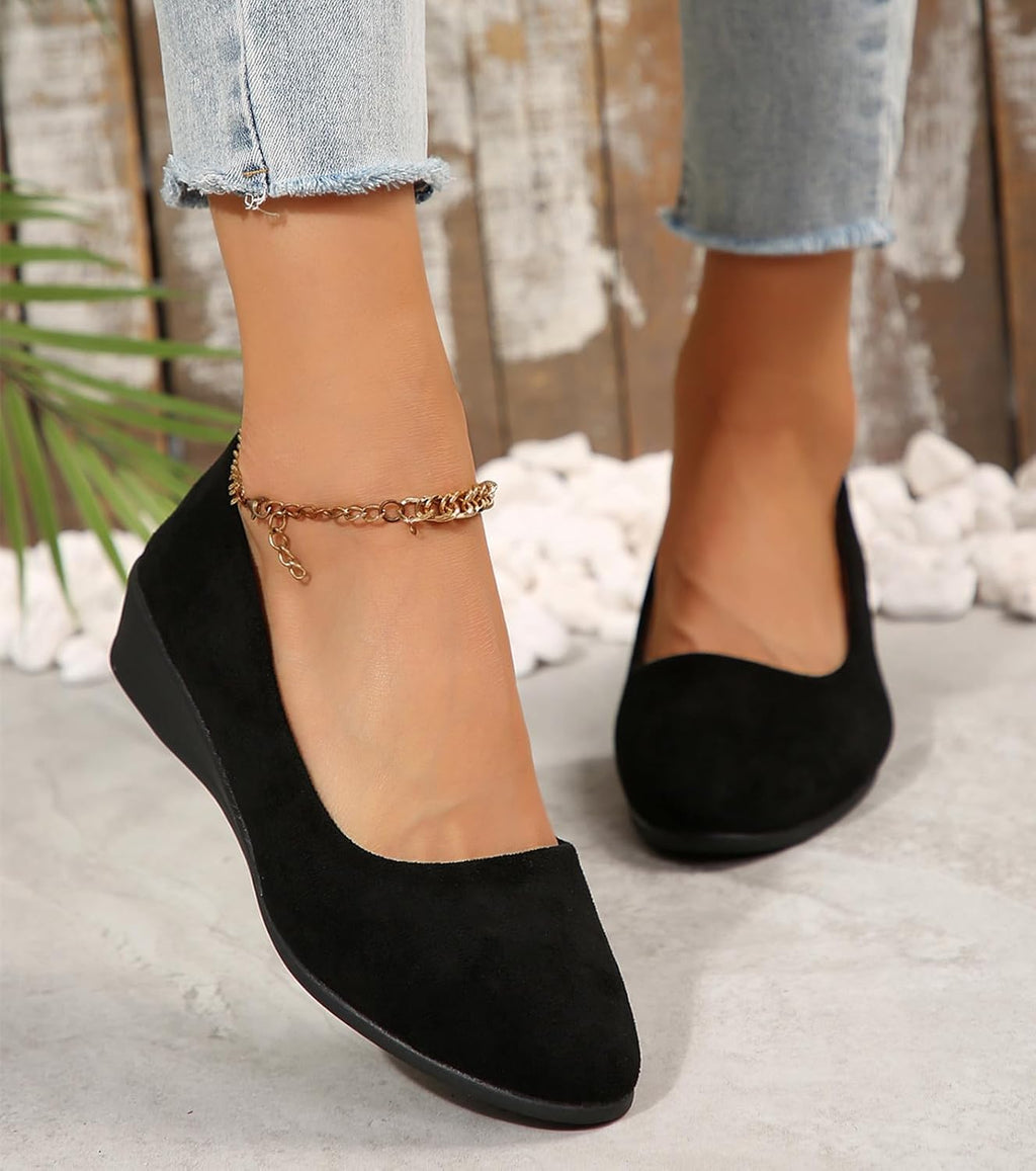 Women's Ballet Flats Business Office Work Dress Shoes Low Wedge Round Toe Slip-Ons Comfortable Dressy Casual Flats Shoes