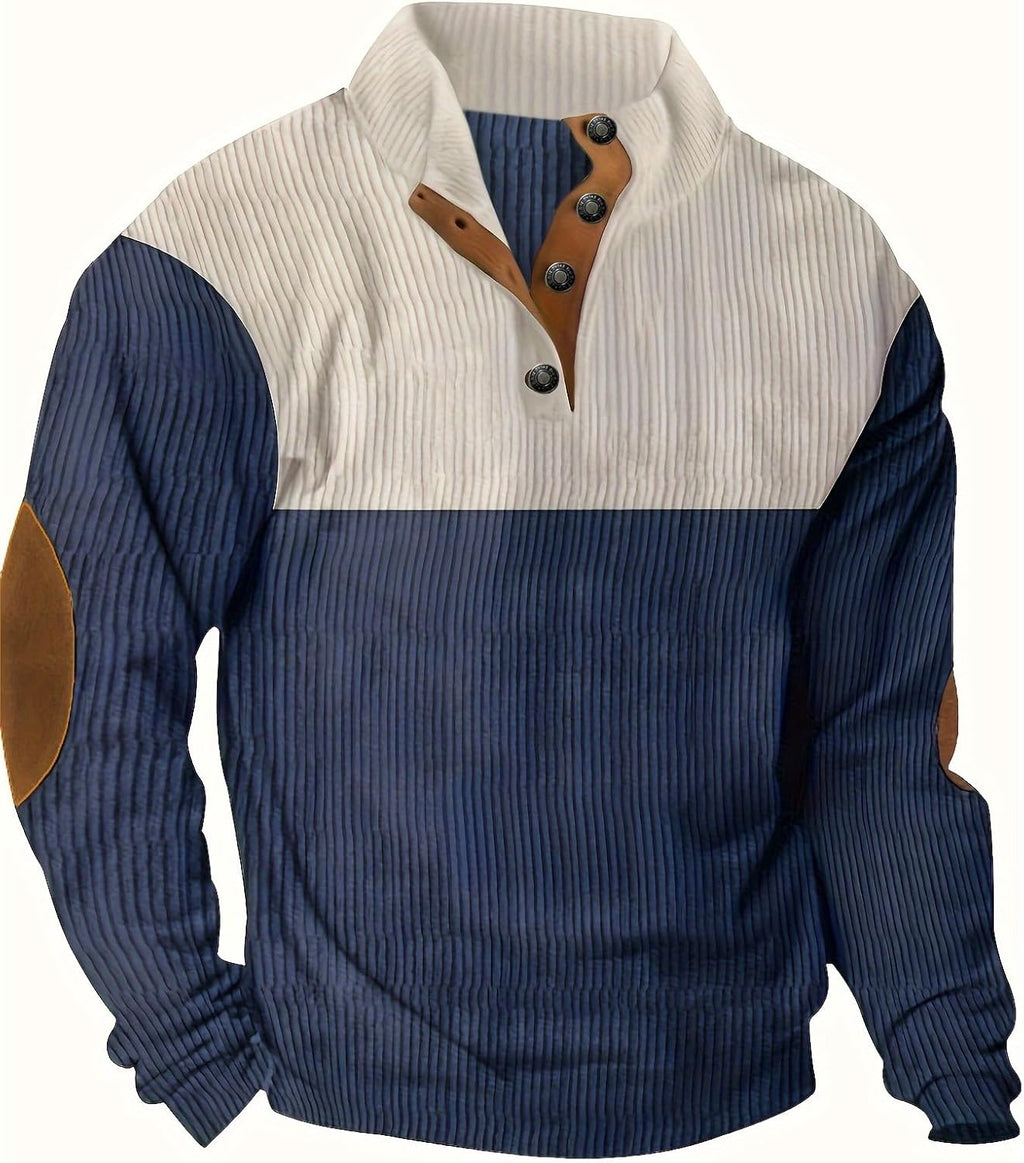 Retro Colorblock Knitted Ribbed Sweater, Neutral Tones,Men's Casual Warm Stand Collar Pullover Sweater for Fall Winter,Blue