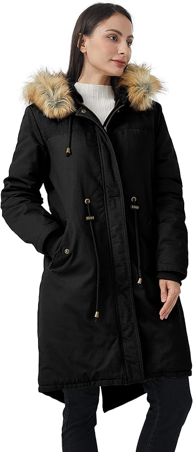 Womens Winter Fleece Coat Parka Cotton Jacket Faux Fur Hood Size XL, Black
