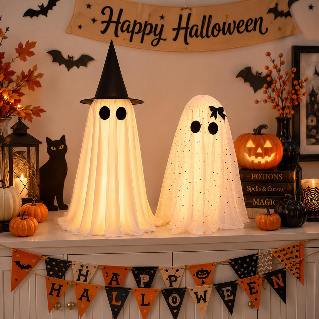 2 Pack Halloween Decorations Indoor & Outsoor, Spooky Light Up Ghost with Witch Hat, Glowing Ghost Table Decor with Sparkling Tulle & Elegant Bow, Halloween Decor for Table, Fireplace, Kitchen, Office