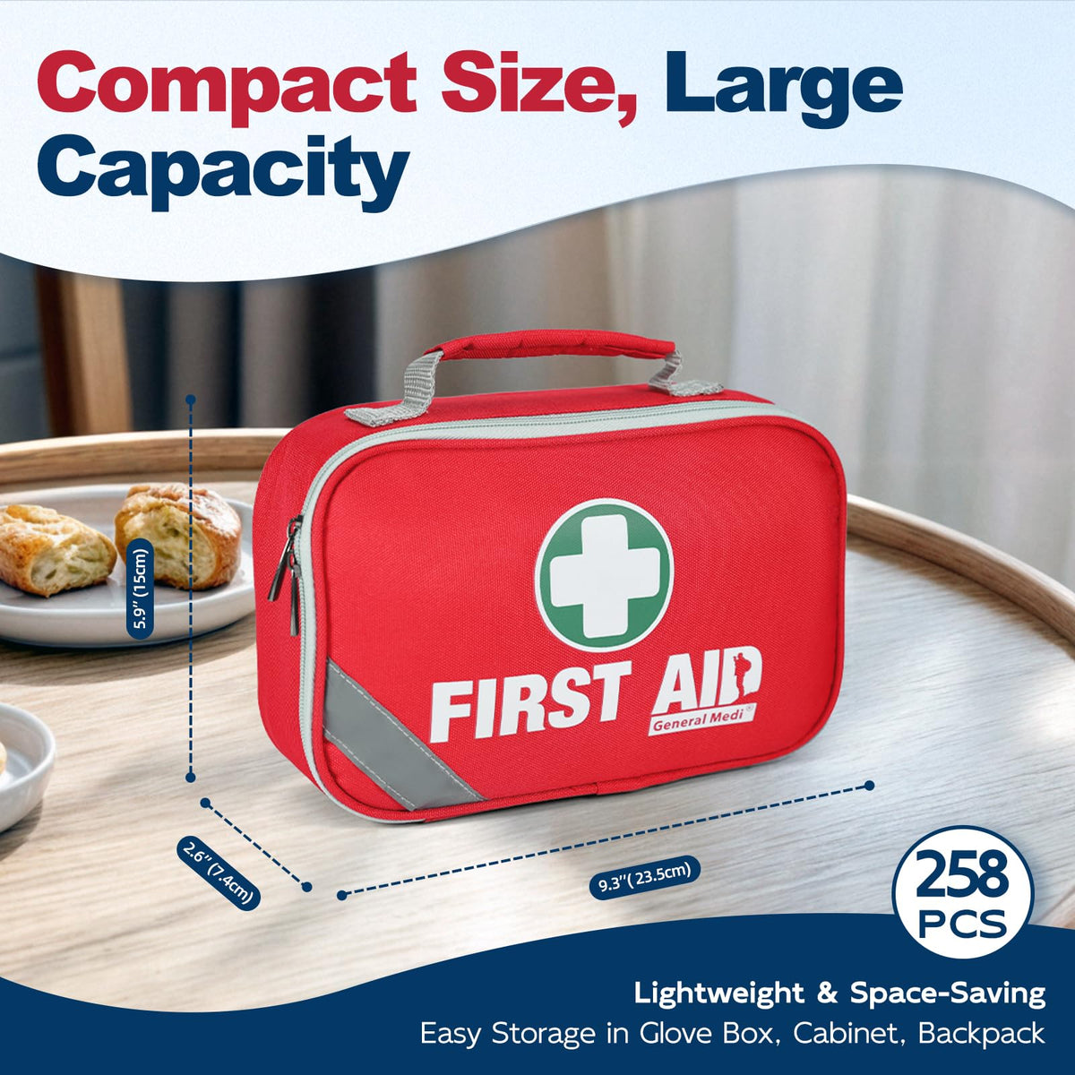 General Medi Mini First Aid Kit, 92 Pieces Small First Aid Kit - Includes Emergency Foil Blanket, Scissors for Travel, Home, Office, Vehicle, Camping, Workplace & Outdoor (Red)
