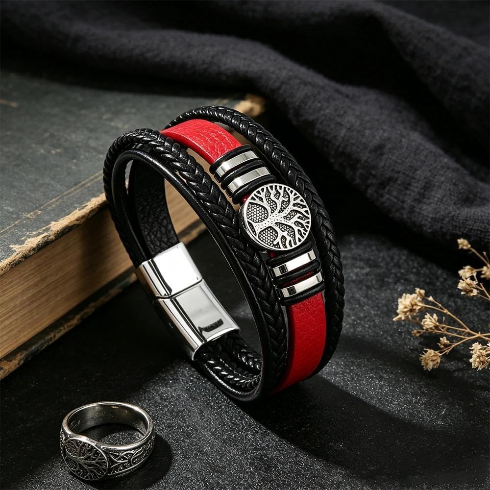 Braided Leather Bracelet with Tree of Life Charm, Adjustable Spiritual Jewelry for Men and Women, Symbolic Boho Gift