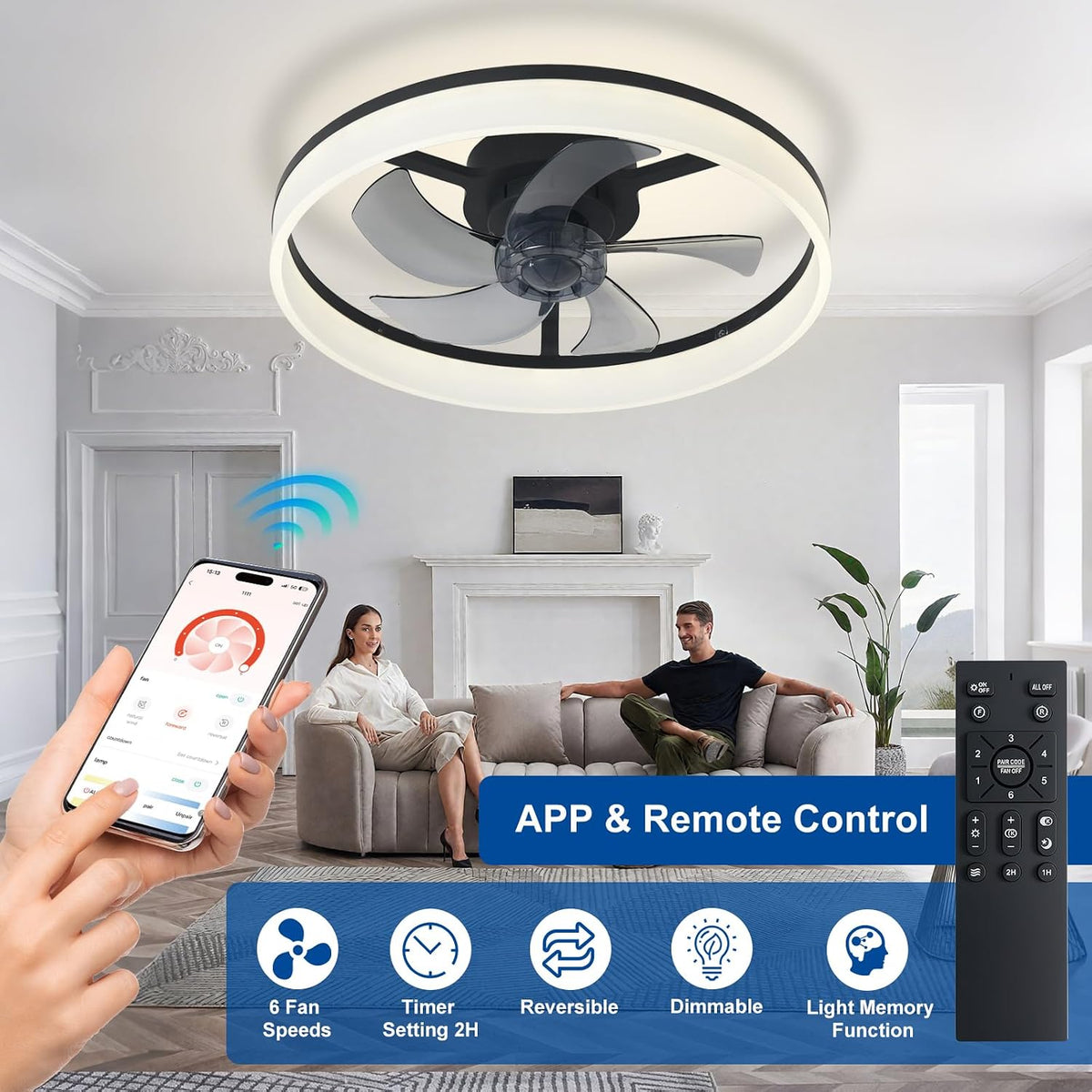 Ceiling Fan with Light 20 Inch LED Dimmable App Remote Black Depuley Bladeless