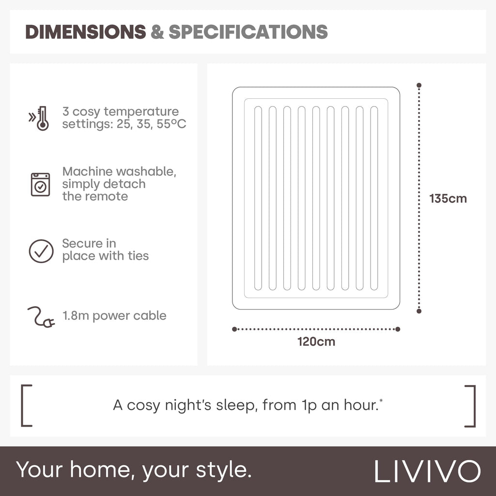 LIVIVO Electric Blanket King Size - Heated Underblanket for Bed - 165x137cm