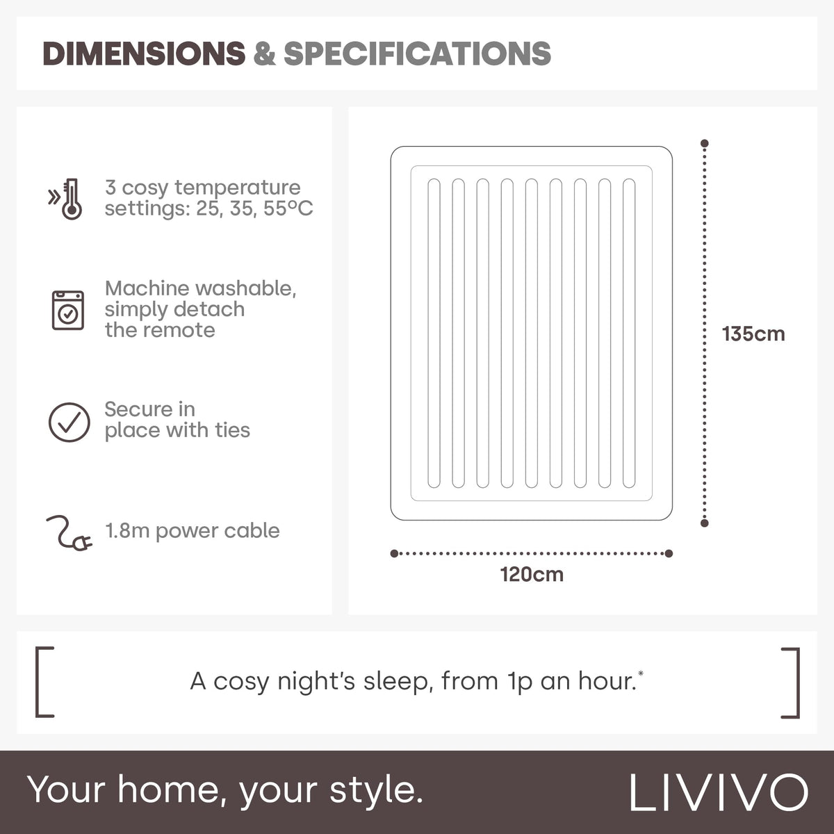 LIVIVO Electric Blanket King Size - Heated Underblanket for Bed - 165x137cm