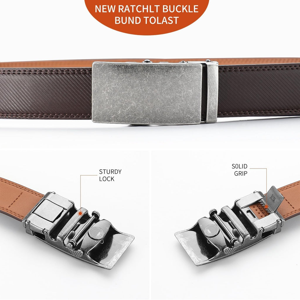 Men's Adjustable Leather Belt Strap & Zinc Alloy Automatic Ratchet Buckle, Customizable for Business Casual & Formal Wear