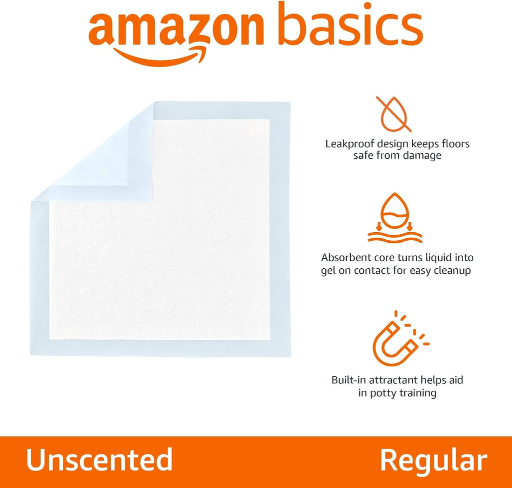 Amazon Basics Puppy Training Pads, 5-Layer Leakproof Design, Quick-Dry Surface, Regular 56 x 56 cm, Pack of 50, Blue