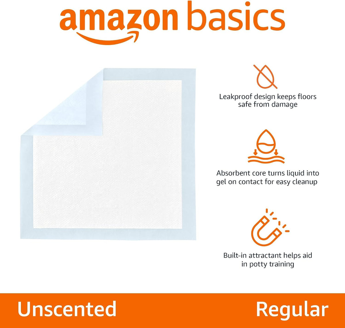 Amazon Basics Puppy Training Pads, 5-Layer Leakproof Design, Quick-Dry Surface, Regular 56 x 56 cm, Pack of 50, Blue