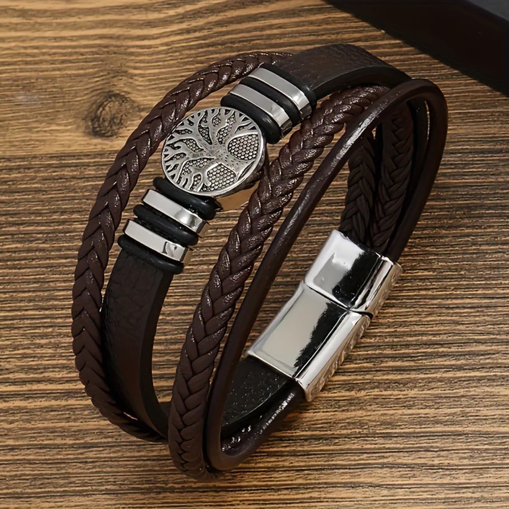 Braided Leather Bracelet with Tree of Life Charm, Adjustable Spiritual Jewelry for Men and Women, Symbolic Boho Gift