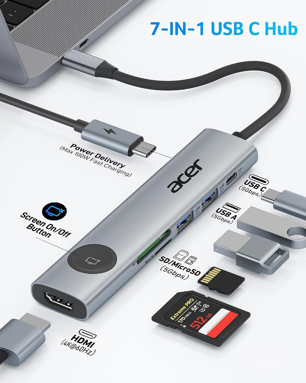 Acer 7IN1 USB C Hub, USB C to HDMI Adapter 4K@60Hz for Laptop, Mac