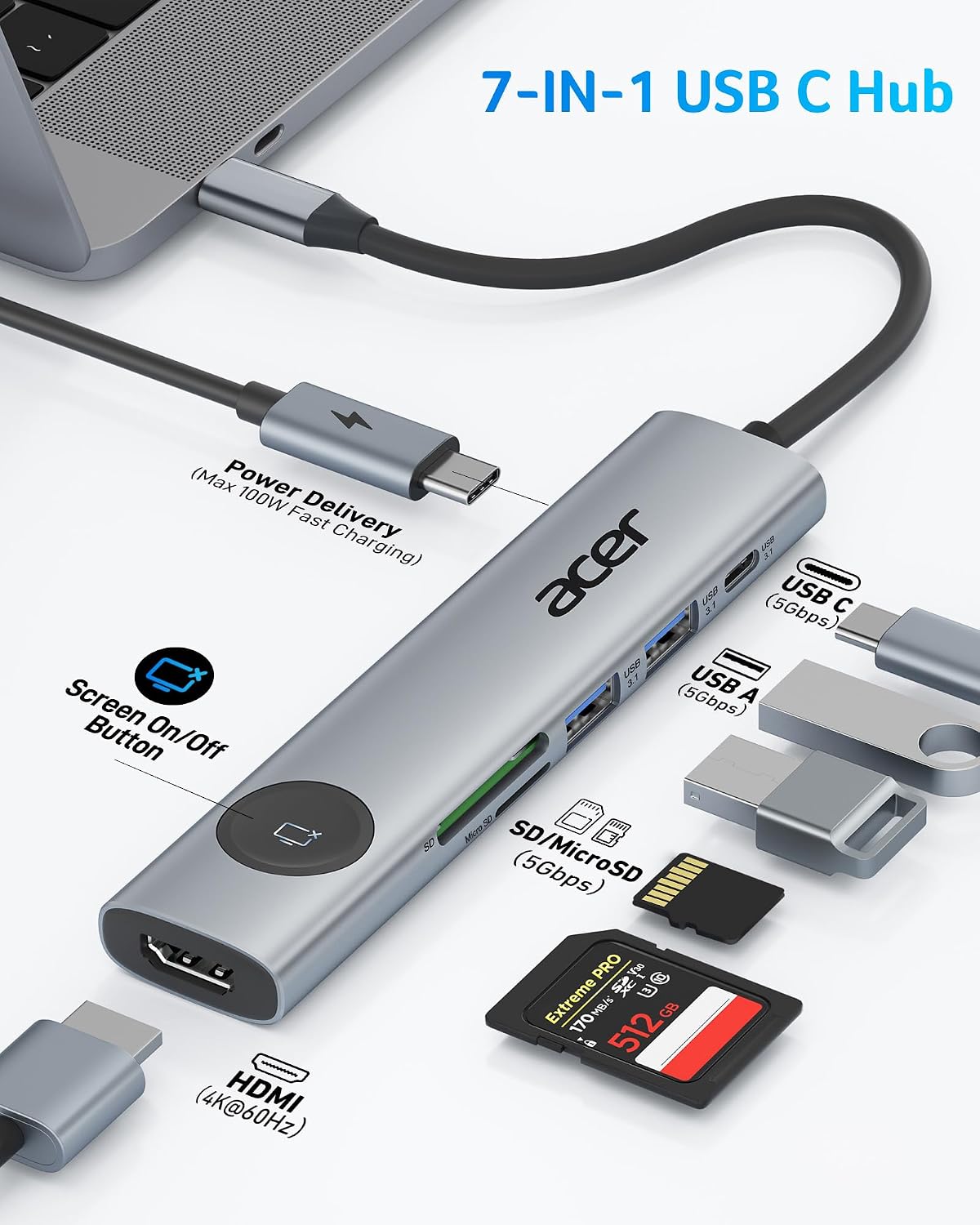 Acer 7IN1 USB C Hub, USB C to HDMI Adapter 4K@60Hz for Laptop, Mac