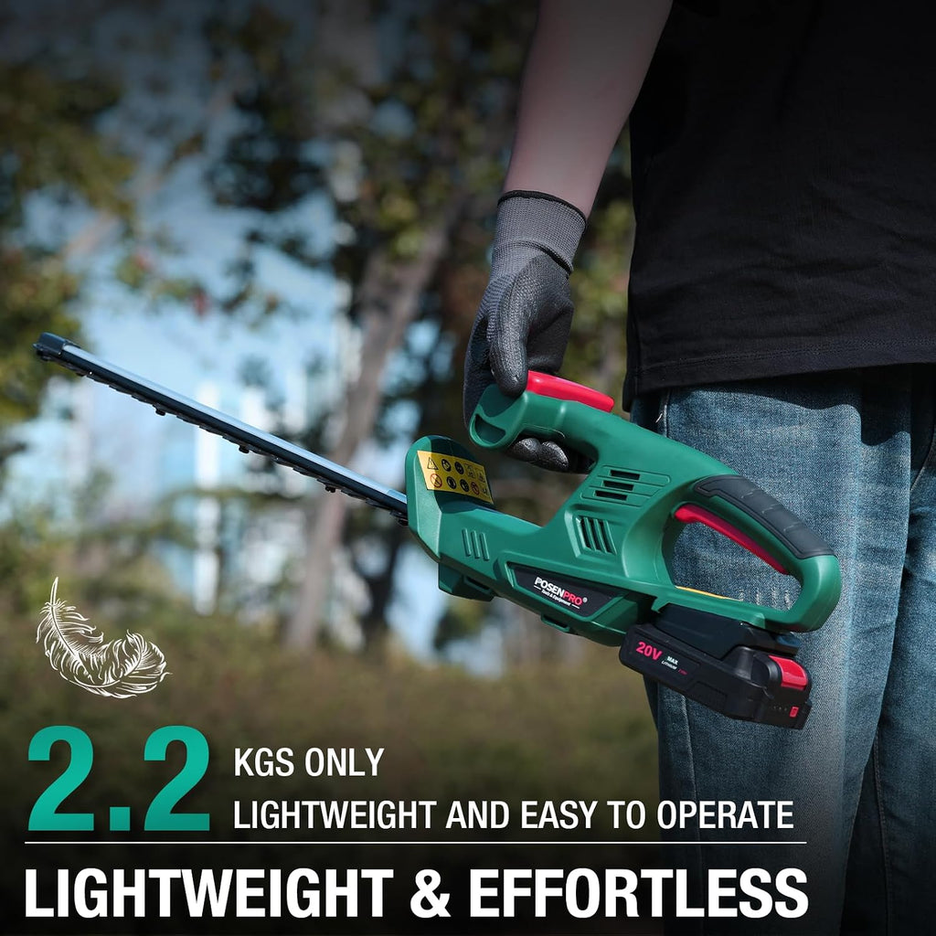 Cordless Hedge Trimmer 20V 450mm Dual Blade 14mm 2.0Ah Battery POSENPRO Cutter
